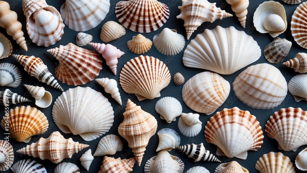 Poster assorted seashells of various shapes and sizes arranged on a dark background with copy space for tex