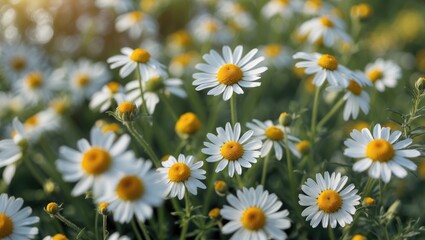Fototapeta premium Field of daisies with white petals and yellow centers in natural daylight with selective focus and blurred background Copy Space