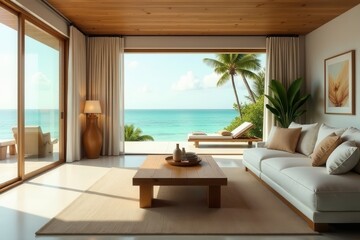 Naklejka premium Oceanfront Living Room Tranquility Modern Coastal Design Featuring Luxurious Sofa, Wooden Coffee Table, and Stunning Seaside View Through Floor-to-Ceiling Windows