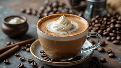 Coffee cup with whipped cream on saucer surrounded by coffee beans and a wooden bowl on a rustic table top Copy Space