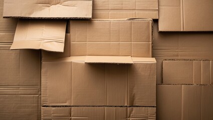 Textured stack of cardboard boxes in various sizes and orientations suitable for background use with ample Copy Space