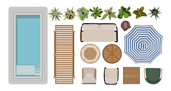 Outdoor furniture top view icons for interior and landscape design plan. Sofa, armchairs, table, plants, sunbed, swimming pool for garden, terrace, patio, porch zone. Realistic illustration isolated.