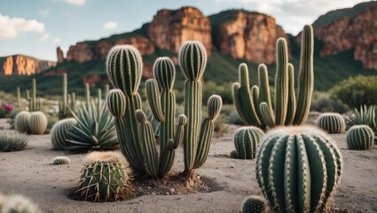 Diverse cactus landscape with mountainous background under a cloudy sky featuring various cactus species and desert flora in natural lighting. Copy Space