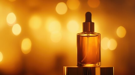 a glass bottle of essential oil with a dropper against a sparkling, golden background. 
