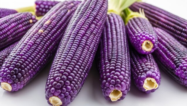 Purple corn cobs arranged in a pattern showcasing the vibrant color and unique texture with white background and Copy Space