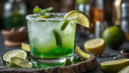Fresh lime cocktail with green liquor garnished with lime wedges and mint leaves on a rustic wooden table with blurred bottles in background Copy Space.