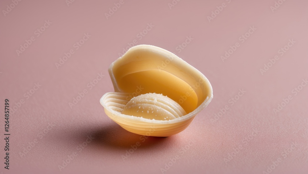 Poster unopened clam shell with smooth, layered textures on a soft pink background with copy space for text