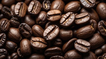 Fototapeta premium Close-up of roasted coffee beans with varying textures arranged in a scattered pattern on a dark surface Copy Space