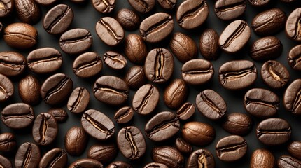 Fototapeta premium Assorted roasted coffee beans arranged on a dark surface background with visible textures and details Copy Space