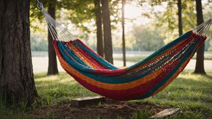 Colorful knitted hammock hanging between trees in sunny park setting with soft grass and lake in background Copy Space