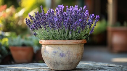 Fototapeta premium Lavender flowers in a terracotta pot placed on a rustic wooden table. Generative AI