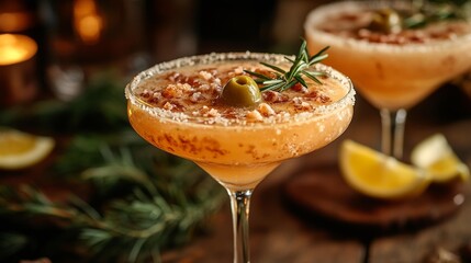 Close-up of a Margarita Cocktail with Salt and Olive Decoration. Generative AI