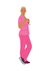 Female doctor, nurse character side view full length. Young confident healthcare professional wearing pink medical uniform with stethoscope. Blond pretty girl Vector realistic illustration isolated.
