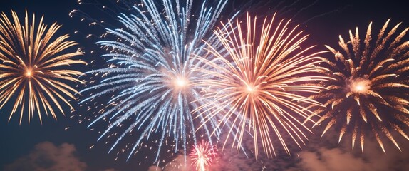 Obraz premium Colorful fireworks bursting in the night sky creating a festive atmosphere with blue and orange sparks on a dark background Copy Space