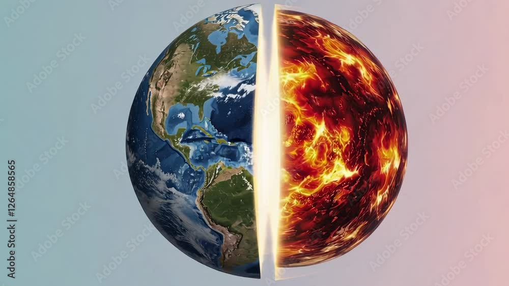 Poster Barren ground gradually splitting apart, exposing glowing molten core and symbolizing devastating environmental degradation and impending global climate crisis
