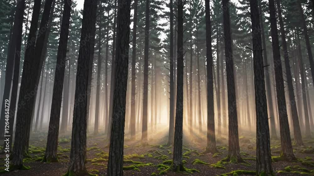 Poster misty forest depths with sunlight piercing through tall trees at dawn
