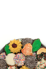 Christmas cookies assorted shortbread partial snacks white background copy space.	