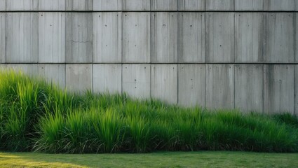Textured concrete wall with lush green grass in the foreground and gentle slope of grass creating a modern landscape aesthetic Copy Space