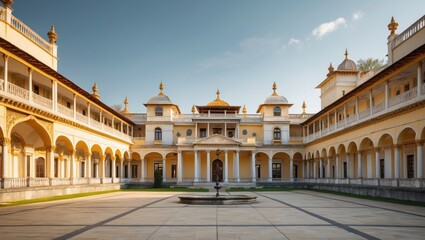Fototapeta premium Architectural view of historic palace courtyard with ornate design and fountain, featuring arched walkways and decorative domes, Copy Space