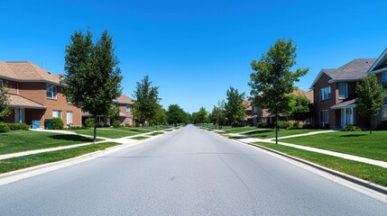 Residential street with houses trees and clear blue sky in the background during daytime