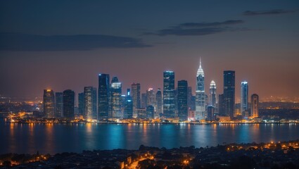 Fototapeta premium Skyline of a modern city at night with illuminated buildings reflecting on water and a cloudy sky in the background Copy Space