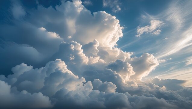 Dramatic cloud formation with billowing clouds and blue sky illuminated by sunlight ideal for atmospheric backgrounds and textures Copy Space