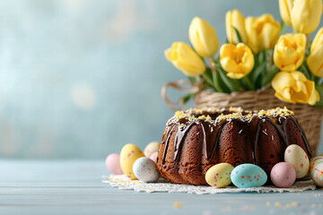 Ciasto Bundt z polewą czekoladową i pastelowymi pisankami z bukietem żółtych tulipanów