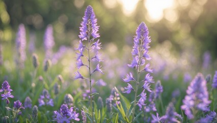 Obraz premium Close-up of purple wildflowers in a soft-focus field at sunset light with vibrant greenery and natural background Copy Space