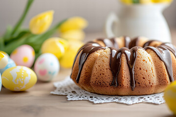 Ciasto Bundt z glazurą czekoladową, żółtymi tulipanami i jajkami wielkanocnymi na drewnianym...