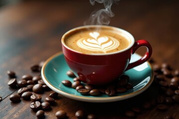 Fototapeta premium Aromatic Steaming Cup of Latte Art Coffee with Roasted Beans on Wooden Table