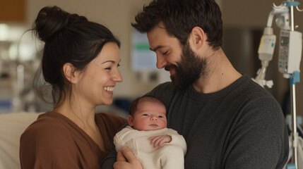 Obraz premium A couple cherishing their adopted baby in a hospital room