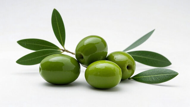 four green Olives with leaves, isolated on white background