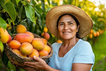 A dedicated Mexican farmer wearing a straw hat proudly holds a basket of freshly picked yellow mangoes.
