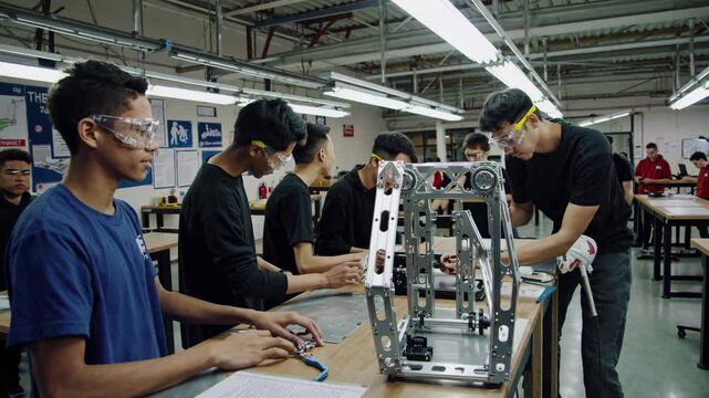 Students collaborate on robotics project in a workshop environment to enhance skills and knowledge