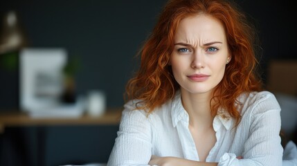 Portrait of a worried distressed redheaded woman experiencing severe abdominal discomfort or pain while sitting in a studio setting  She has a serious