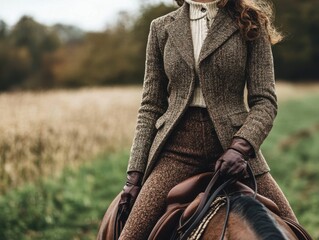 Elegant equestrian outfit with leather boots, tailored riding jacket, and countryside scenery - obrazy, fototapety, plakaty