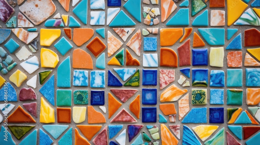 Poster colorful mosaic tile patterns with various shapes and sizes arranged artistically creating a vibrant