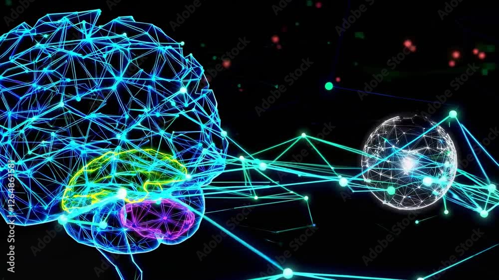 Poster exploring neural networks and artificial intelligence through vibrant digital representations