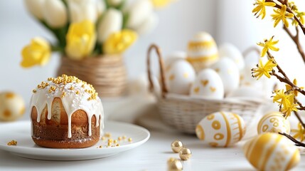 Fototapeta premium Wielkanocna babka z lukrem i ozdobami w złotych pisankach