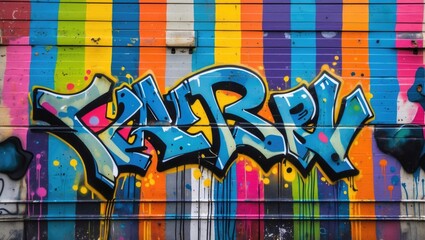 Colorful graffiti art on a wall featuring the text lettering ENRY in vibrant hues with abstract patterns and paint splatters Copy Space