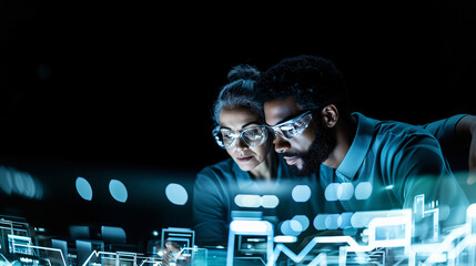 Two scientists in glasses examine a holographic panel, developing an innovative project in a high-tech lab of the future.