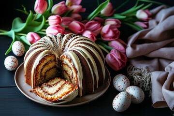 Marmurkowy tort Bundt z różowymi tulipanami i nakrapianymi jajkami na obchody Wielkanocy