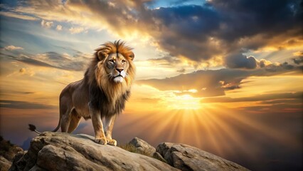 Obraz premium Majestic Lion Standing on Rock Against Dramatic Sunset Sky