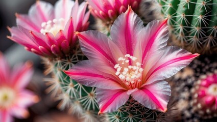 Close-up of vibrant pink flowers on cactus with spines and blurred background, nature details, Copy Space