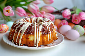 Marmurkowa babka Wielkanocna, polana lukrem, w tle różowe tulipany i jajka