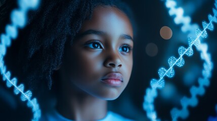 Female black girl using DNA monitor, 