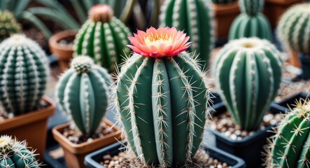 Cacti with vibrant flowers in pots showcasing various species of cactuses in a greenhouse setting with natural lighting