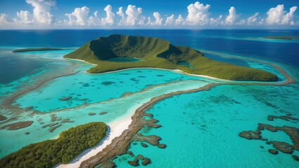 Aerial view of lush tropical island surrounded by turquoise waters and coral reefs with fluffy white clouds in the blue sky Copy Space