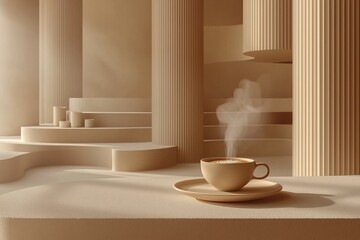 A cup of coffee placed on a table with a shelf in the background featuring a casual setting