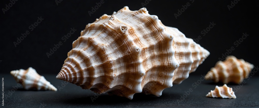 Poster close-up of various seashells with intricate patterns and textures on dark background copy space